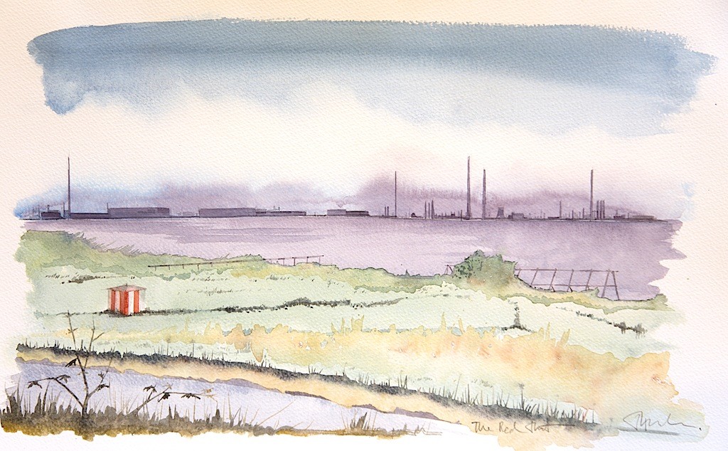 Painting of the shoreline at Speke showing red hut and Mersey Estuary