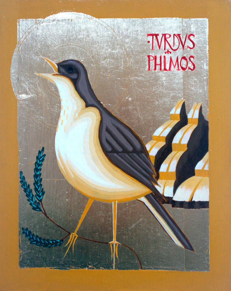 Ikon painting of the Song Thrush, Turdus Philomelos