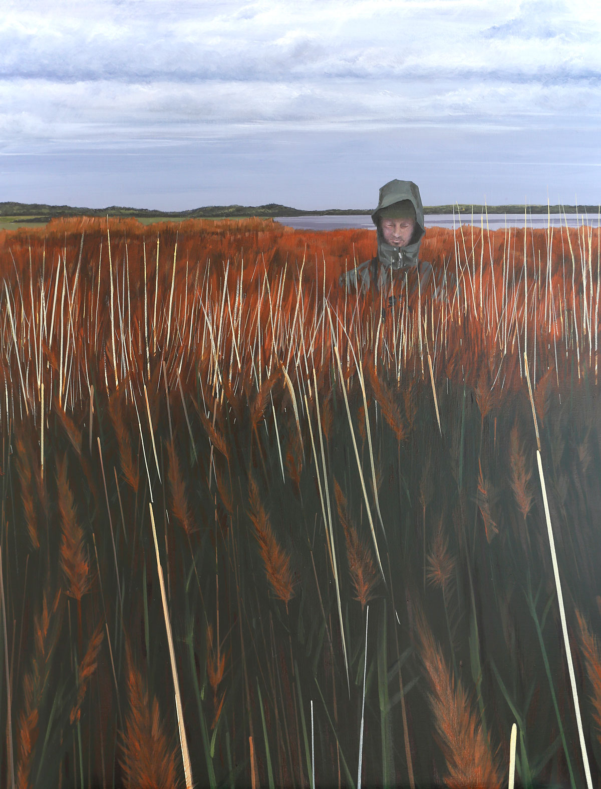 Painting of a bird watcher in Hale Marsh